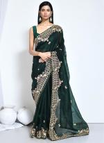 Organza Silk Green Wedding Wear Embroidery Work Saree